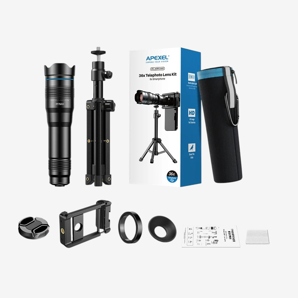 Kit téléobjectif exotelos APEXEL 36x en métal noir avec trépied, clip universel et étui pour smartphone