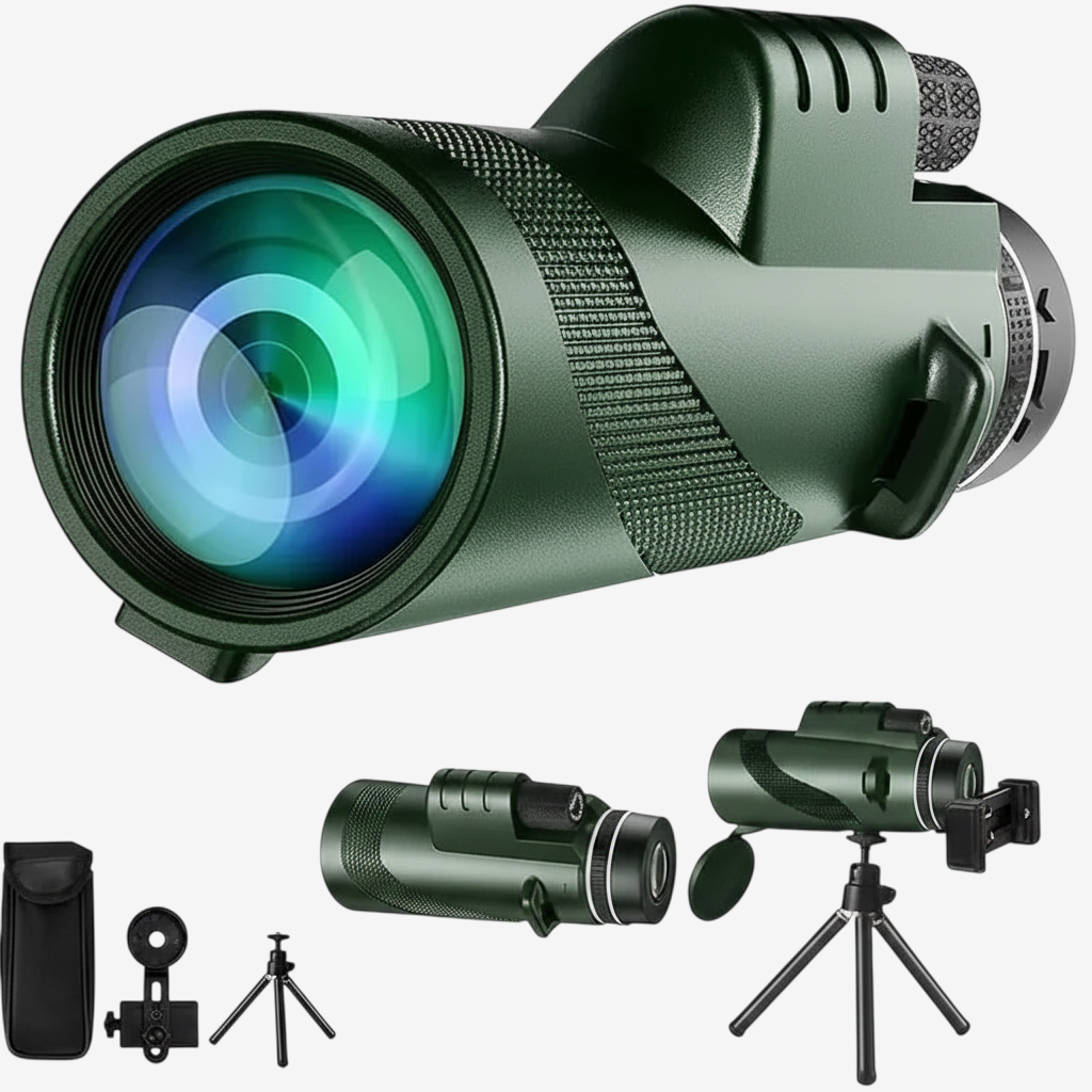 Monoculaire exotelos HD 80x100 vert avec trépied et adaptateur smartphone pour observation de la nature et faune