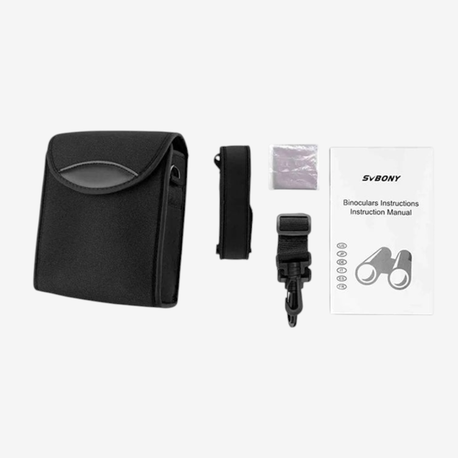 Kit complet de jumelles exotelos SVBONY SA203 12x50 vert armée avec étui, sangle, chiffon et manuel d'utilisation.