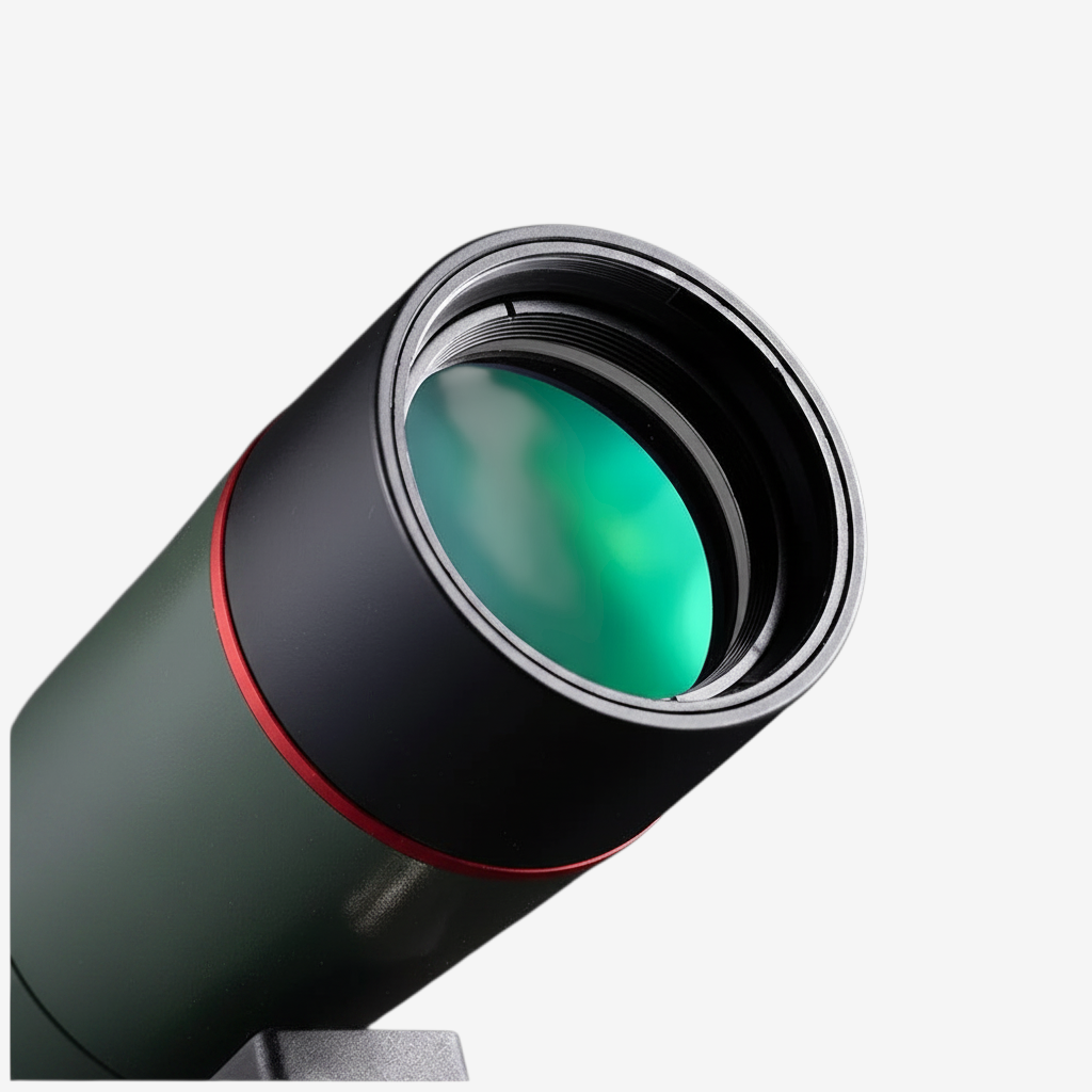 Gros plan sur l'objectif 60mm de la longue-vue exotelos avec traitement optique vert et bague rouge
