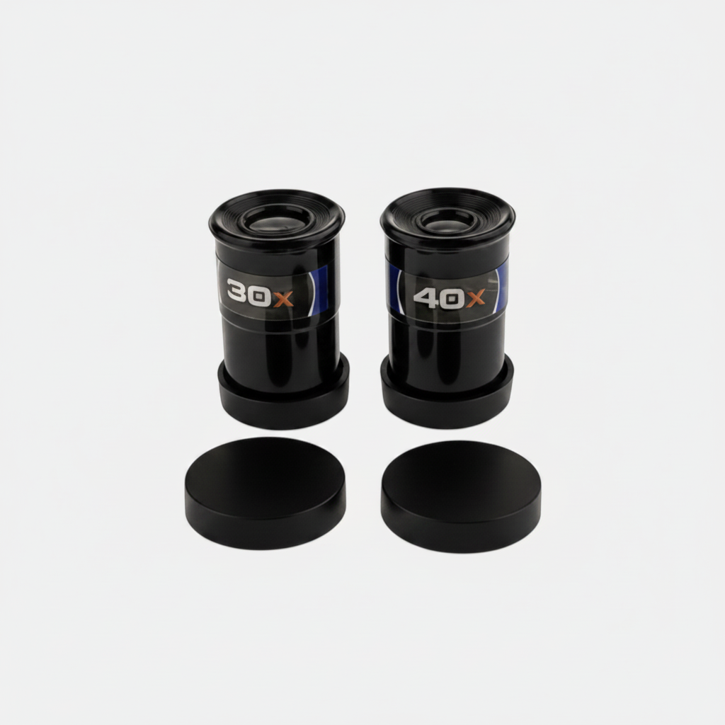 Deux oculaires noirs exotelos pour télescope enfant avec grossissements 30x et 40x et leurs capuchons de protection