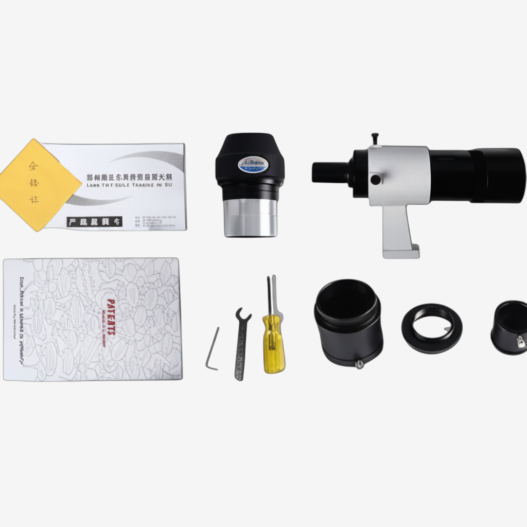 Accessoires pour télescope exotelos Skywatcher 250mm incluant oculaire, chercheur, outils et manuels d'utilisation