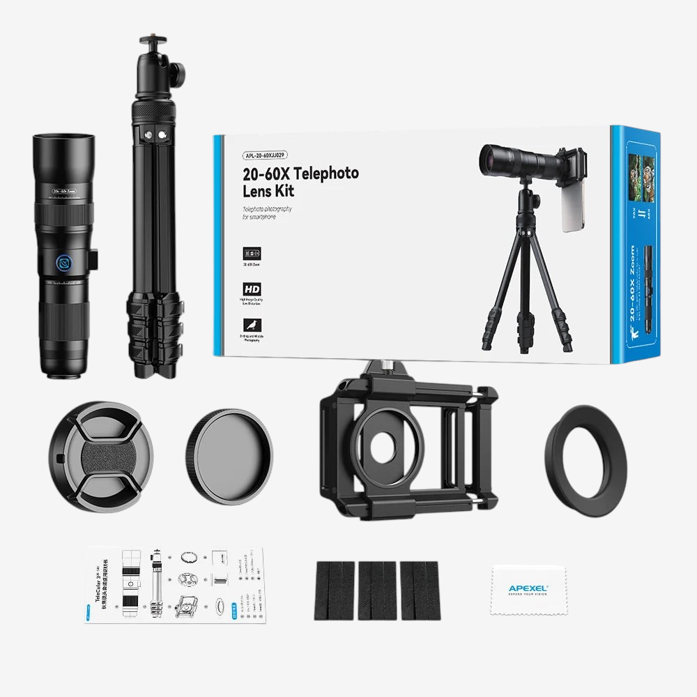 Kit téléobjectif exotelos APEXEL T60 20-60x pour smartphone avec trépied, support et accessoires dans sa boîte