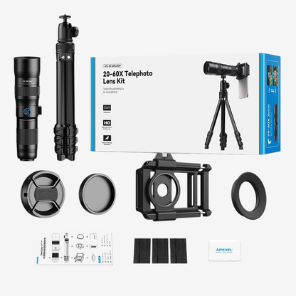 Kit téléobjectif exotelos APEXEL T60 20-60x pour smartphone avec trépied, support et accessoires dans sa boîte