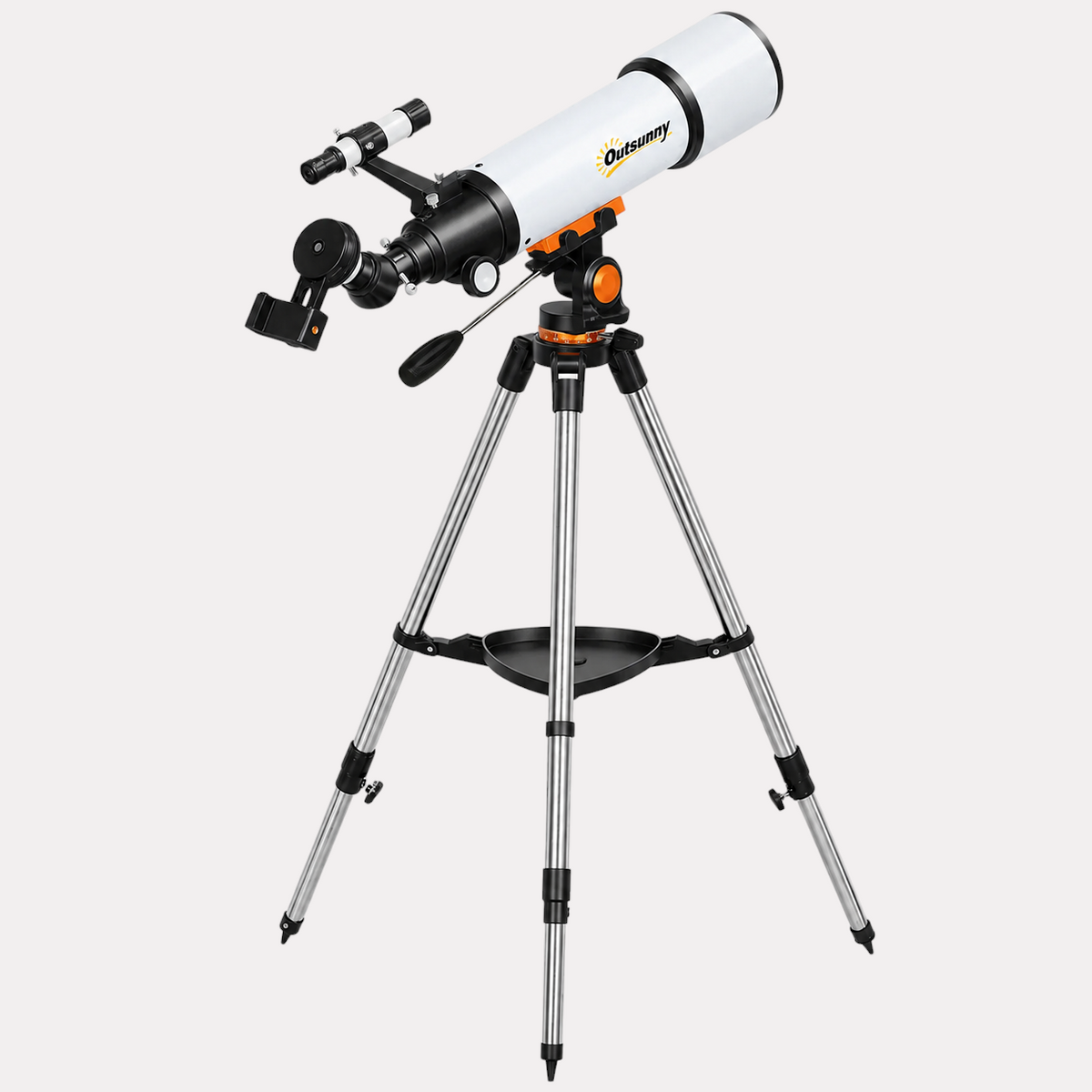 Télescope exotelos 80mm blanc et noir sur trépied avec monture altazimutale et adaptateur pour smartphone
