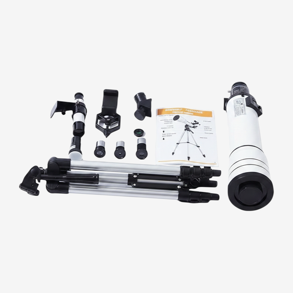 Kit télescope exotelos Borwolf 70/400 HD avec trépied, oculaires, lentille Barlow et adaptateur smartphone