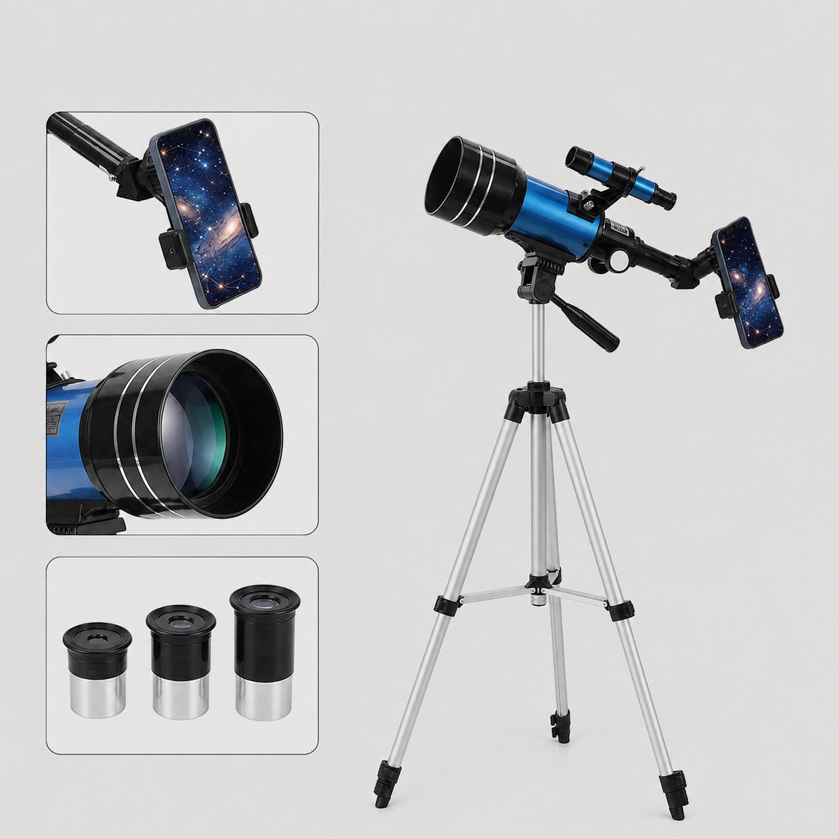 Télescope exotelos bleu 70mm avec trépied, support smartphone et oculaires pour l'observation astronomique