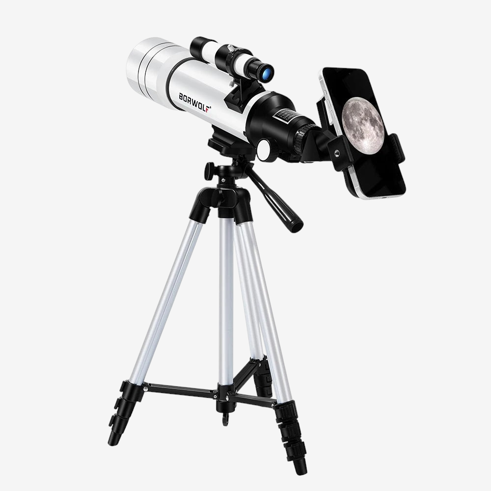 Télescope réfracteur exotelos BORWOLF 70/400 HD avec trépied, adaptateur smartphone et vue de la lune sur écran