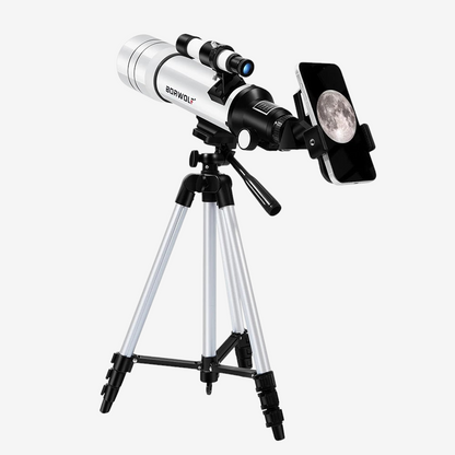 Télescope réfracteur exotelos BORWOLF 70/400 HD avec trépied, adaptateur smartphone et vue de la lune sur écran