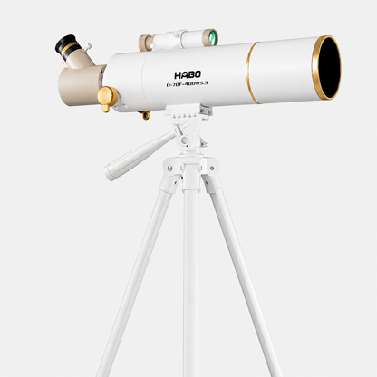 Télescope réfracteur exotelos HABO 70/400 blanc et doré avec trépied réglable pour observation astronomique