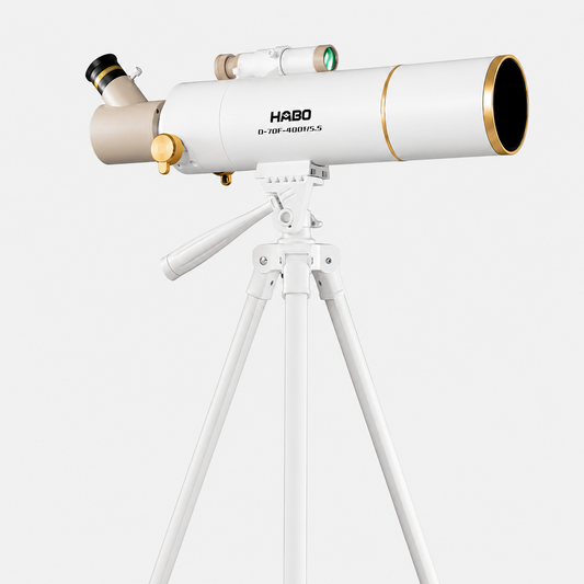 Télescope réfracteur exotelos HABO 70/400 blanc et doré avec trépied réglable pour observation astronomique