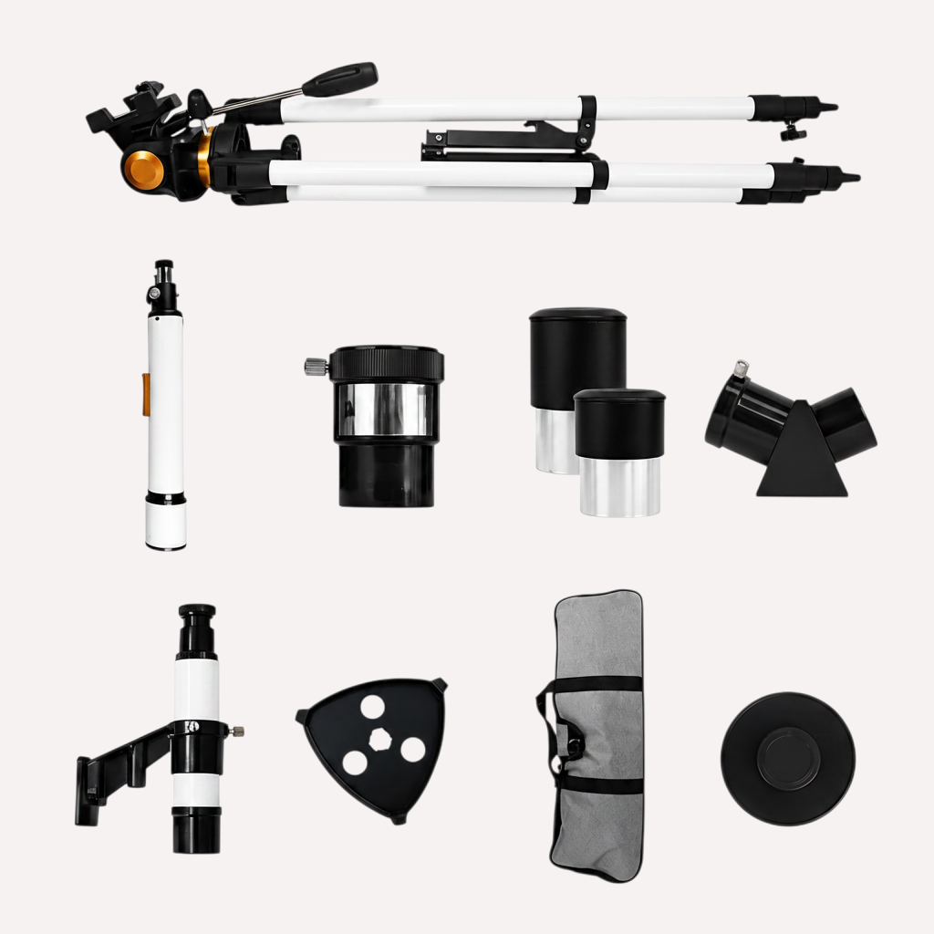 Kit télescope réfracteur exotelos 70/700 avec trépied, oculaires, chercheur et sac de transport sur fond blanc