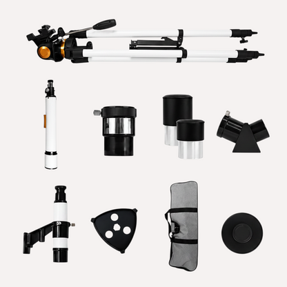 Kit télescope réfracteur exotelos 70/700 avec trépied, oculaires, chercheur et sac de transport sur fond blanc