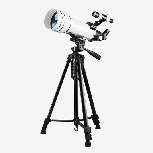 Télescope réfracteur StarrySea 70/400 blanc sur trépied noir, idéal pour l'astronomie et l'observation terrestre.