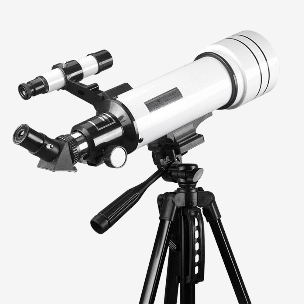 Télescope réfracteur StarrySea 70/400 blanc sur trépied noir, idéal pour l'astronomie, vendu par exotelos.