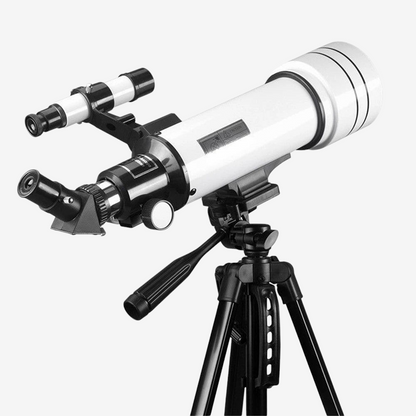 Télescope réfracteur StarrySea 70/400 blanc sur trépied noir, idéal pour l'astronomie, vendu par exotelos.