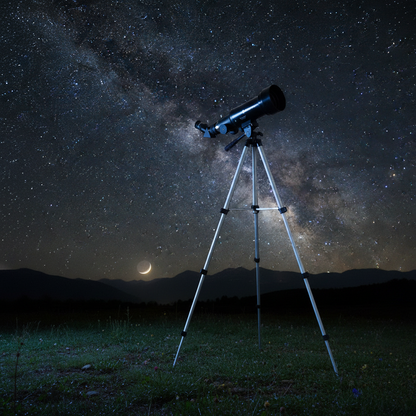 Télescope réfracteur Celestron Travel Scope 70 sur trépied, installé dans un champ sous un ciel étoilé nocturne.