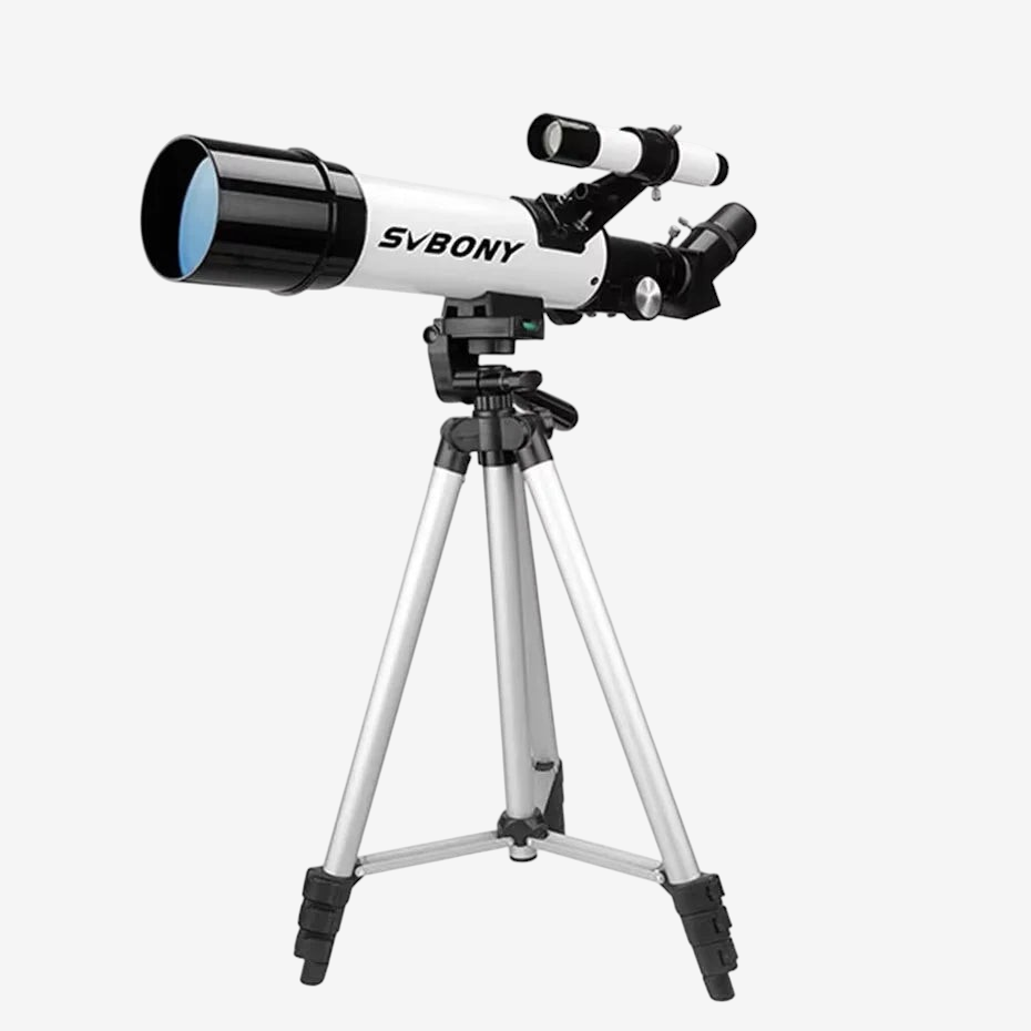 Télescope réfracteur exotelos SVBONY SV501P blanc et noir sur trépied en aluminium pour débutants en astronomie