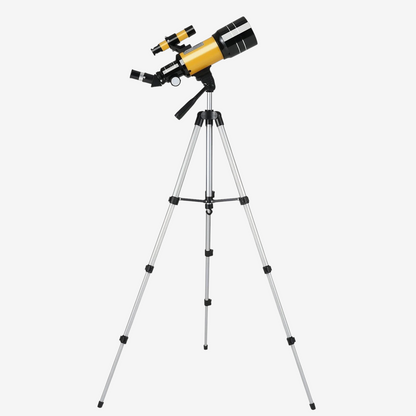 Télescope réfracteur exotelos F30070 HD jaune et noir sur trépied métallique pour observation astronomique