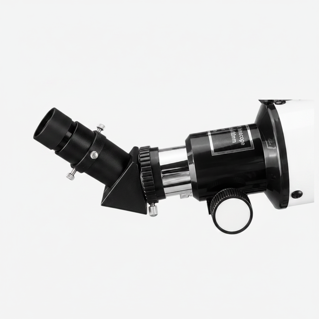 Gros plan sur le porte-oculaire et la diagonale 45 degrés du télescope réfracteur StarrySea 70/400 de exotelos