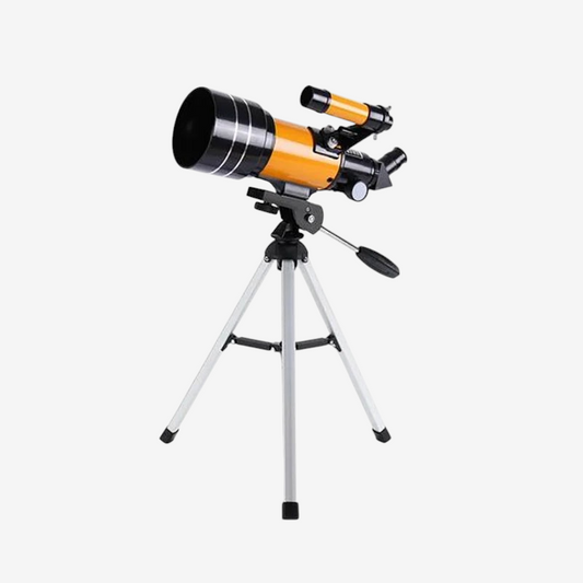 Télescope réfracteur exotelos F30070 HD orange et noir sur trépied métallique pour observation astronomique