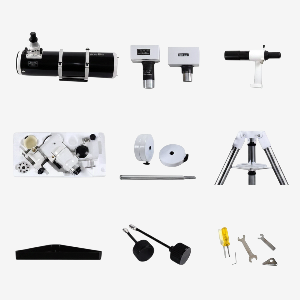 Kit complet du télescope exotelos Skywatcher 150EQ avec tube optique, monture équatoriale EQ3, trépied et accessoires