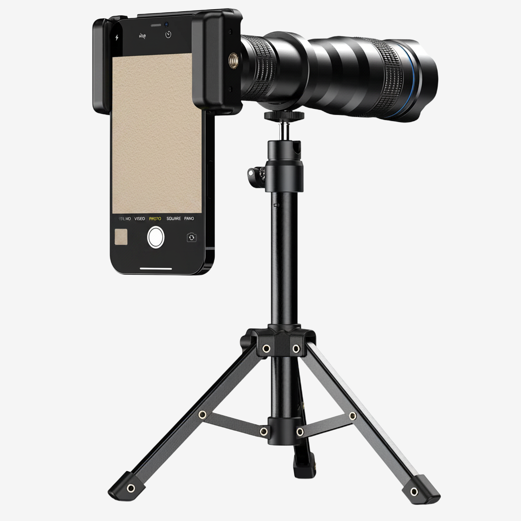 Téléobjectif exotelos APEXEL 36x en métal noir monté sur trépied avec smartphone pour photographie longue distance