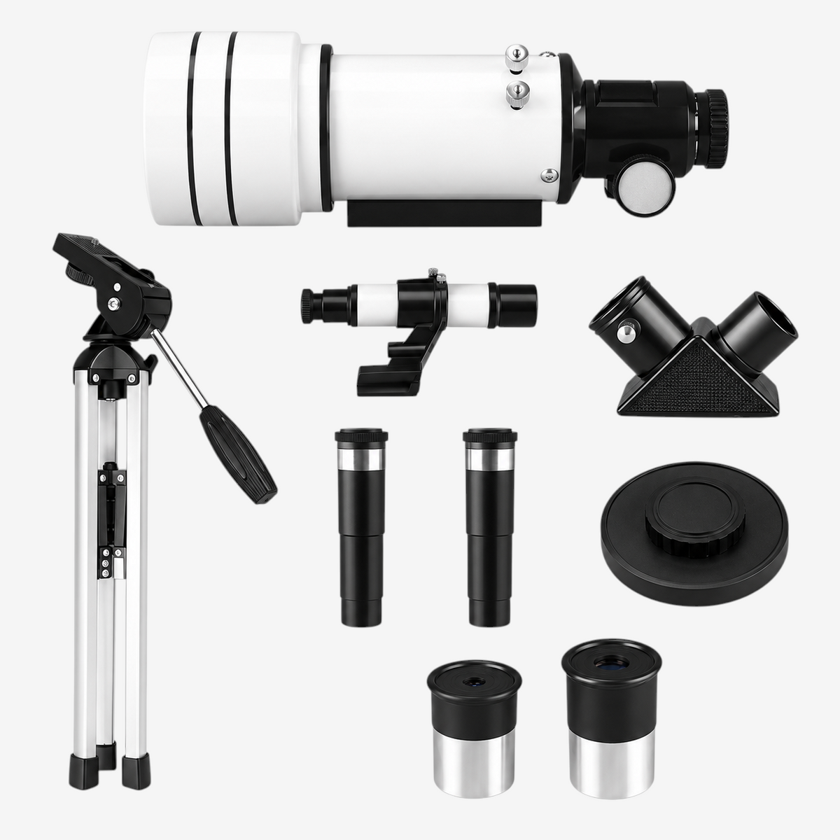 Kit télescope réfracteur exotelos 70/300 avec trépied, oculaires, lentilles de Barlow et accessoires sur fond blanc