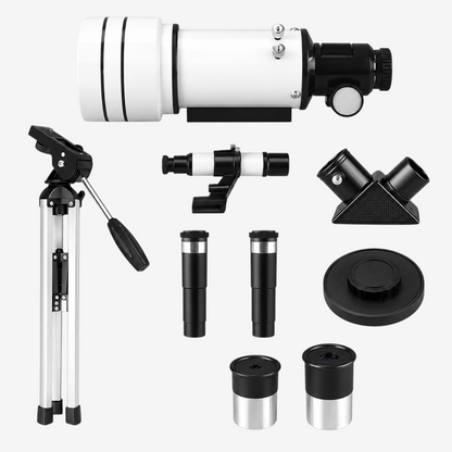 Kit télescope réfracteur exotelos 70/300 avec trépied, oculaires, lentilles de Barlow et accessoires sur fond blanc