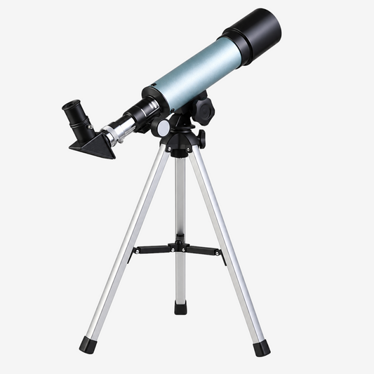 Mini télescope réfracteur exotelos 50/360 bleu sur trépied pour l'initiation à l'astronomie des enfants