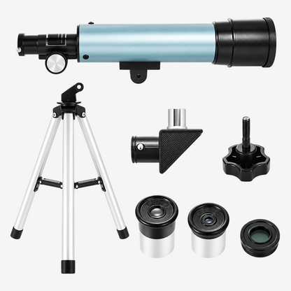 Kit de mini télescope exotelos 50/360 bleu avec trépied, oculaires, diagonale 90° et filtre lune pour enfants