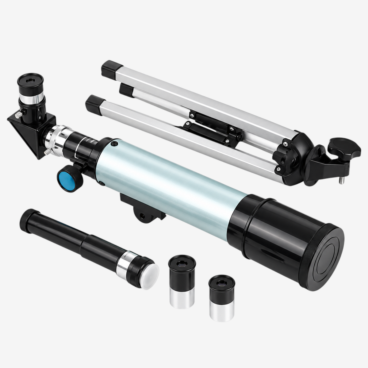 Kit de mini télescope réfracteur exotelos 50/360 pour enfant avec trépied, oculaires et accessoires sur fond blanc