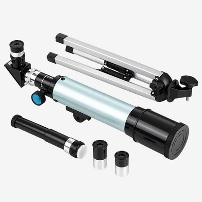 Kit de mini télescope réfracteur exotelos 50/360 pour enfant avec trépied, oculaires et accessoires sur fond blanc