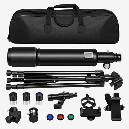 Kit télescope exotelos Borwolf 90/600 HD noir avec trépied, oculaires, filtres, adaptateur smartphone et sac de transport
