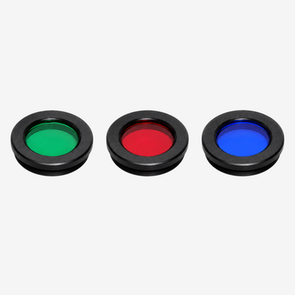 Trois filtres colorés pour télescope exotelos, vert, rouge et bleu, avec monture en métal noir pour observation lunaire
