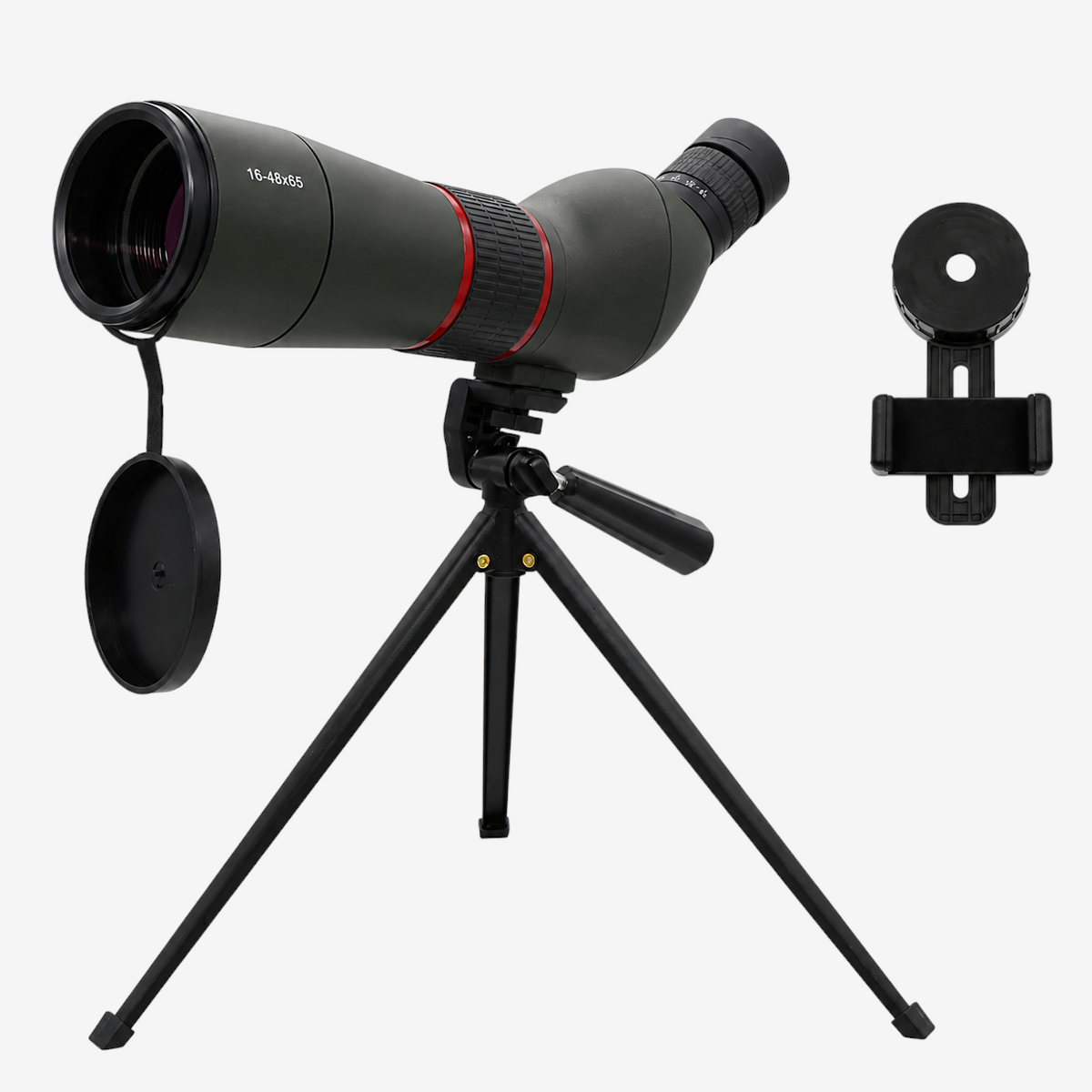 Longue-vue exotelos 16-48x65 HD avec trépied et adaptateur smartphone, idéale pour l'ornithologie et la nature.