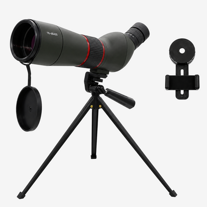 Longue-vue exotelos 16-48x65 HD avec trépied et adaptateur smartphone, idéale pour l'ornithologie et la nature.